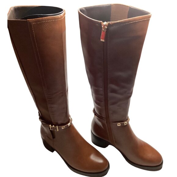 Torgies Womens 6 Cognac Brown Faux Leather Riding Boots With Gold Studded Strap - Picture 5 of 16